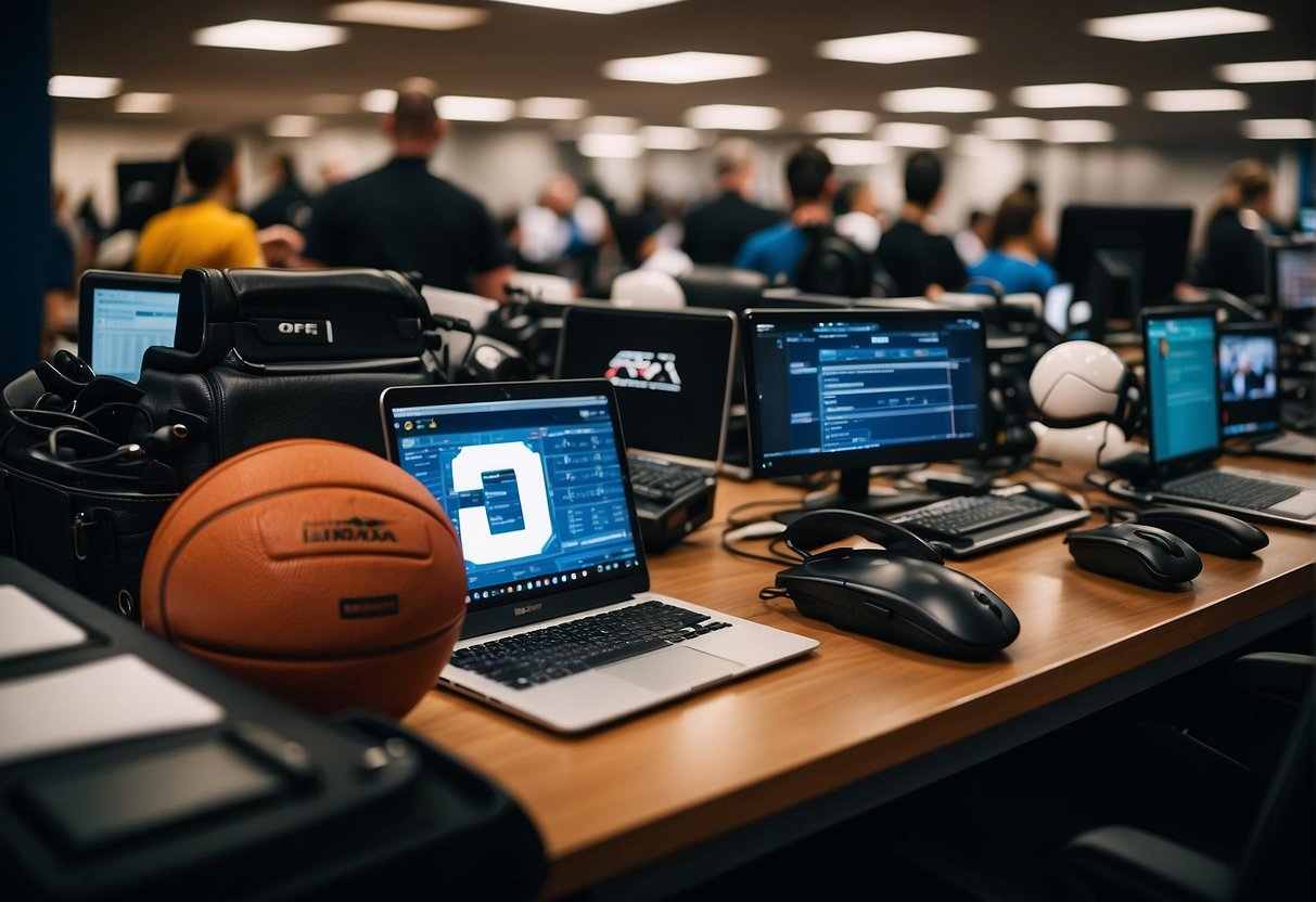 A sports journalist typing on a laptop, surrounded by sports equipment and a wall of press credentials