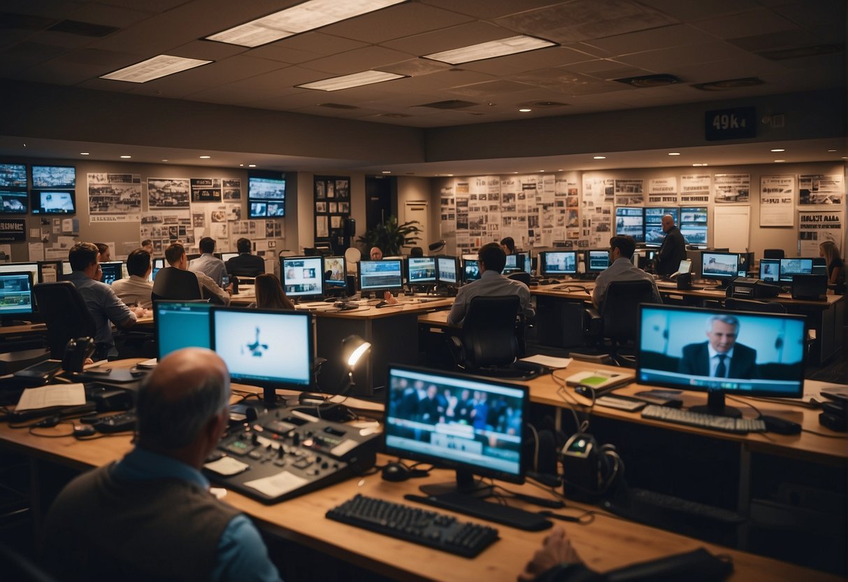 A bustling newsroom with sports memorabilia adorning the walls, journalists typing furiously at their desks, and a whiteboard filled with upcoming events