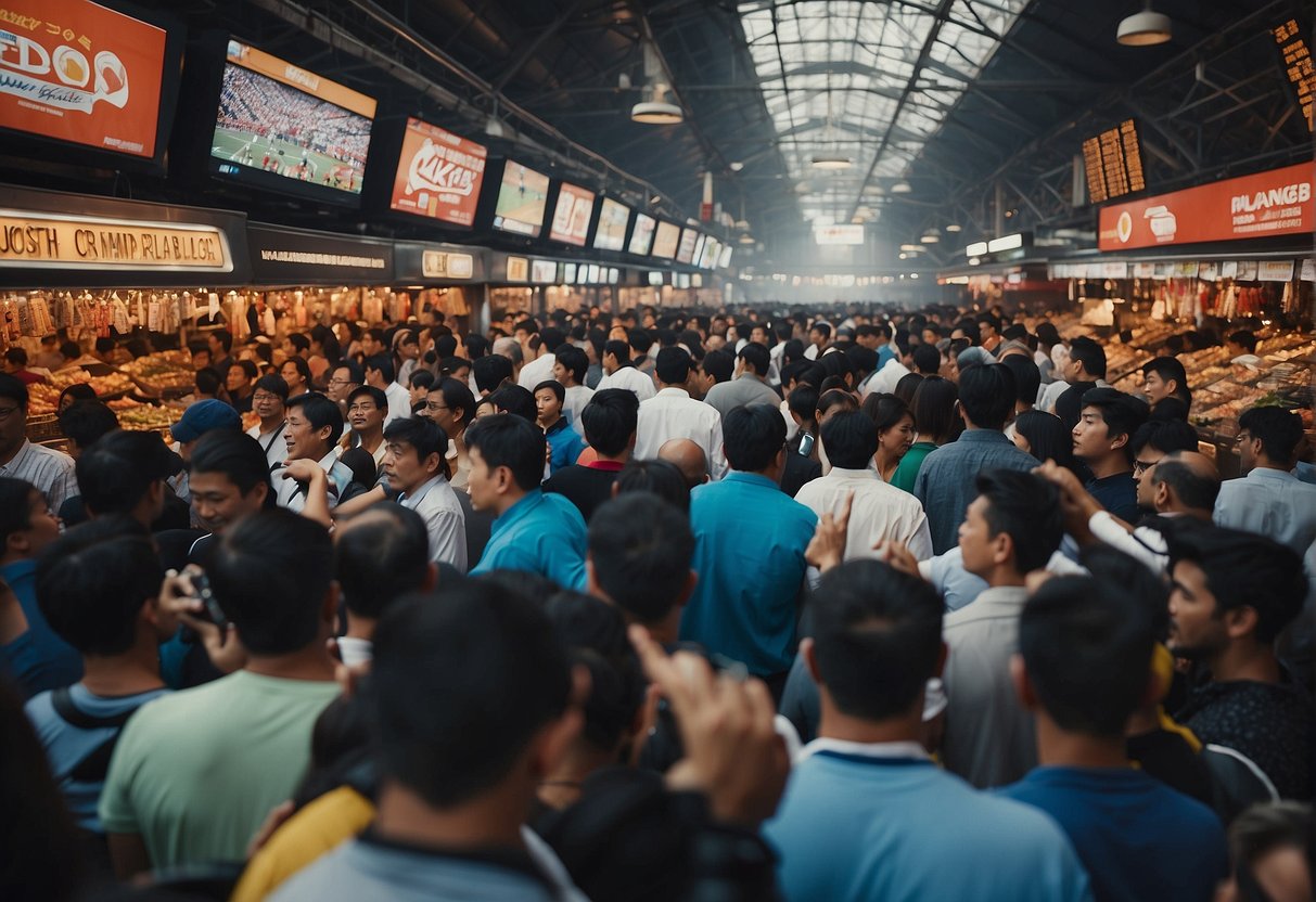 Crowded sports markets, buzzing with fans and vendors. Journalists report on the action, capturing the excitement and energy of the audience