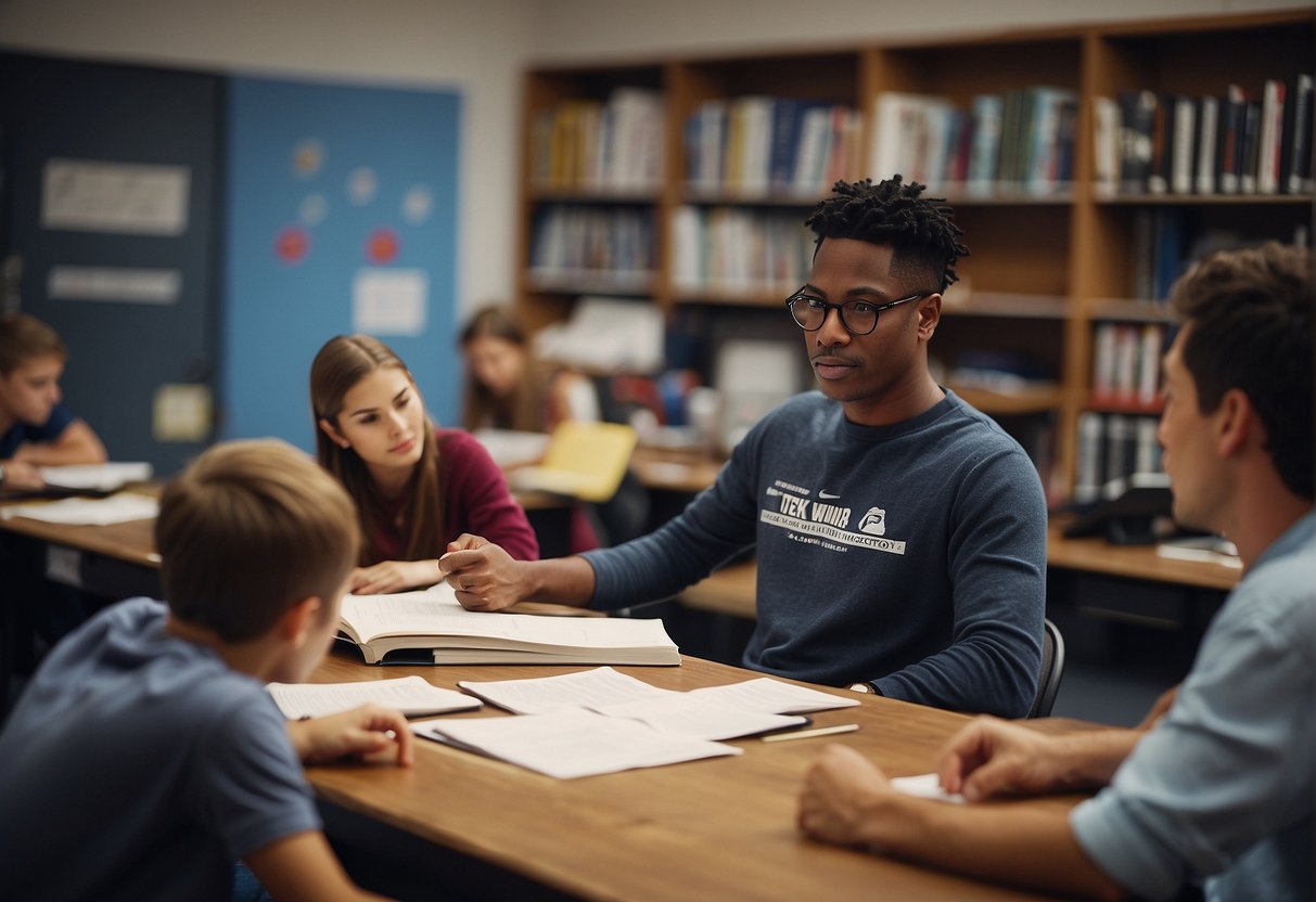 A classroom setting with a teacher instructing students on sports journalism techniques and requirements. Books, computers, and sports memorabilia are visible