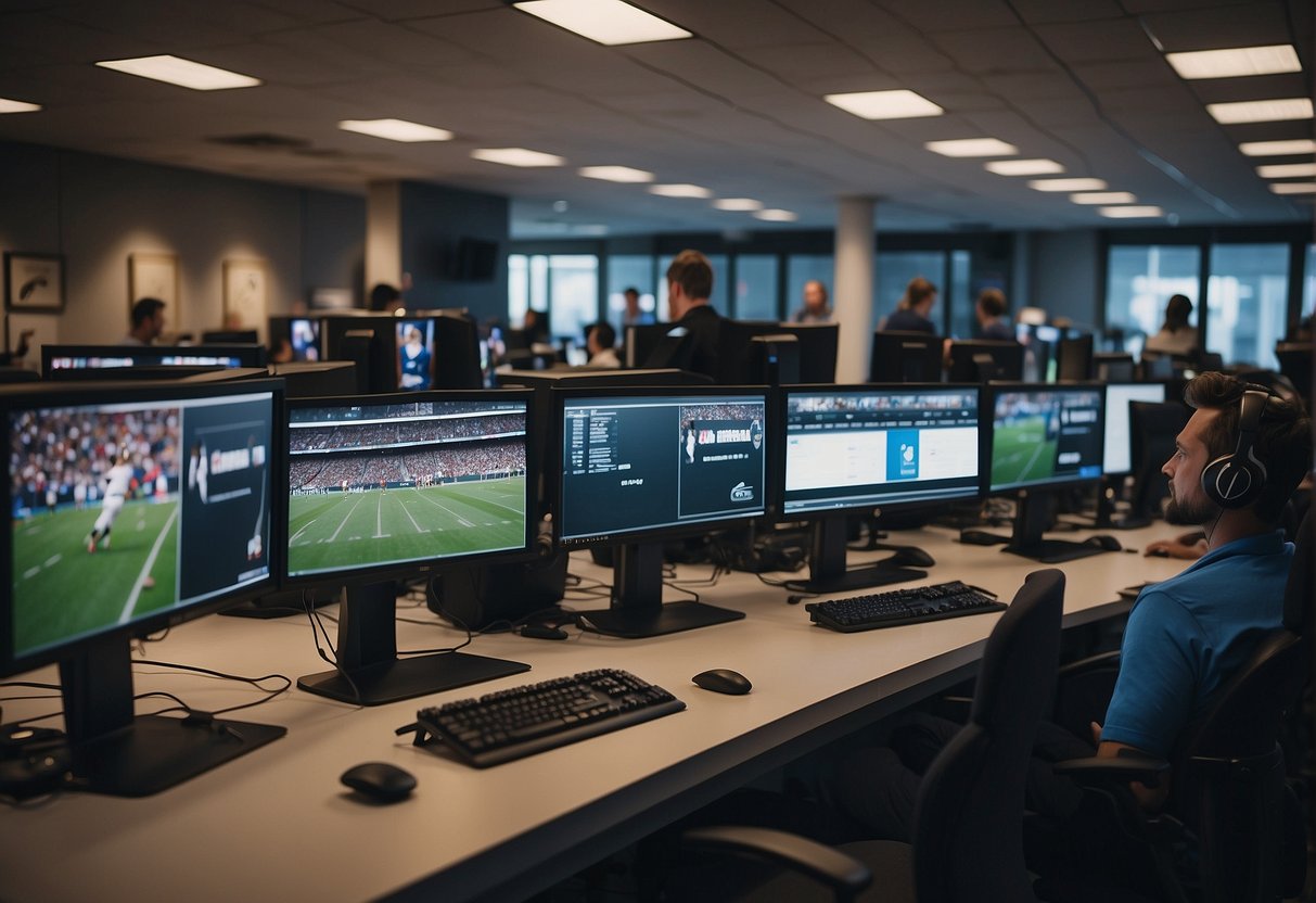 A bustling newsroom with sports memorabilia and computer screens. Writers typing and editors discussing game highlights