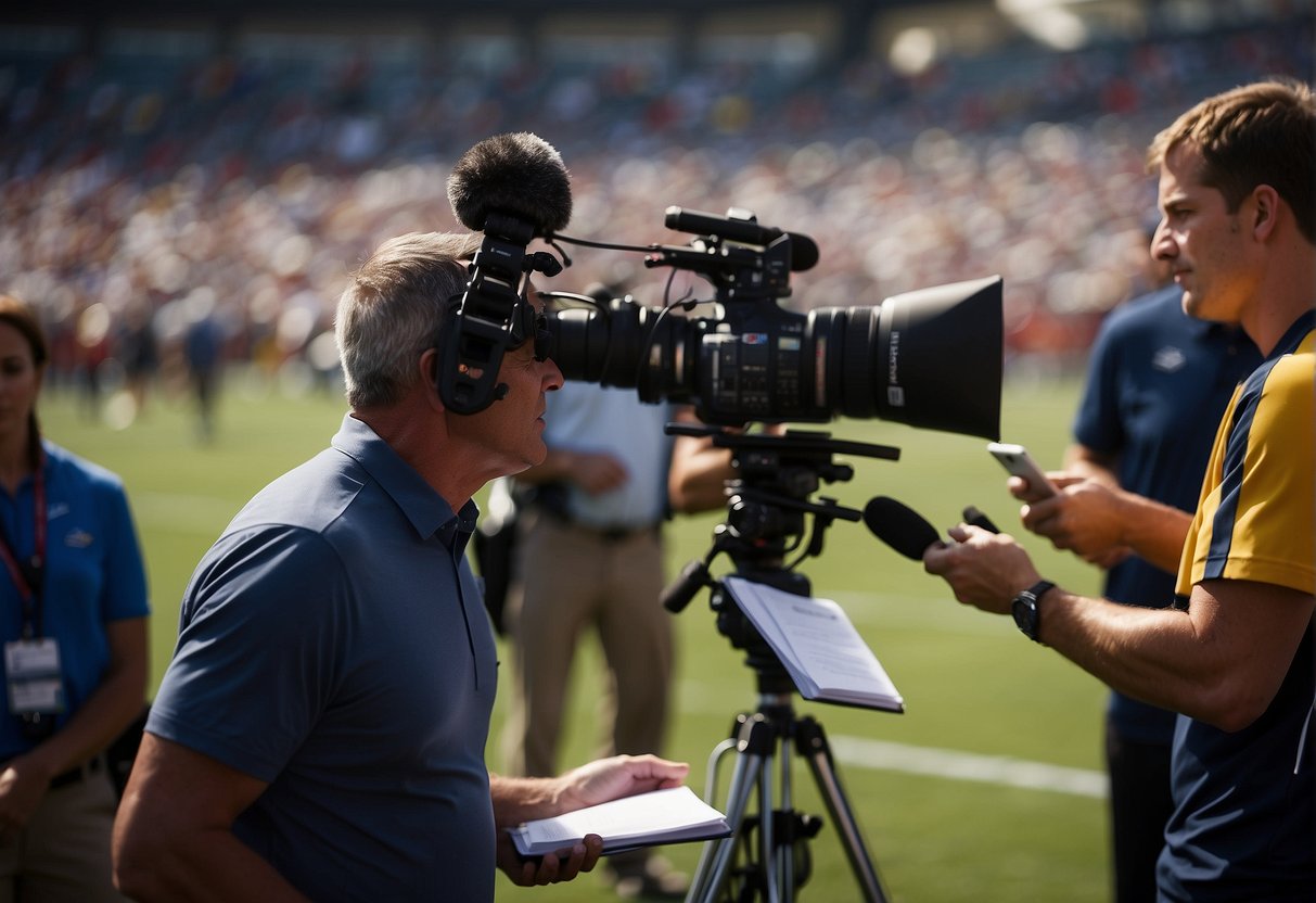 Sports journalists gather in a bustling stadium, capturing the action on the field with cameras and notepads. They interview players and coaches, seeking the inside scoop for their next big story