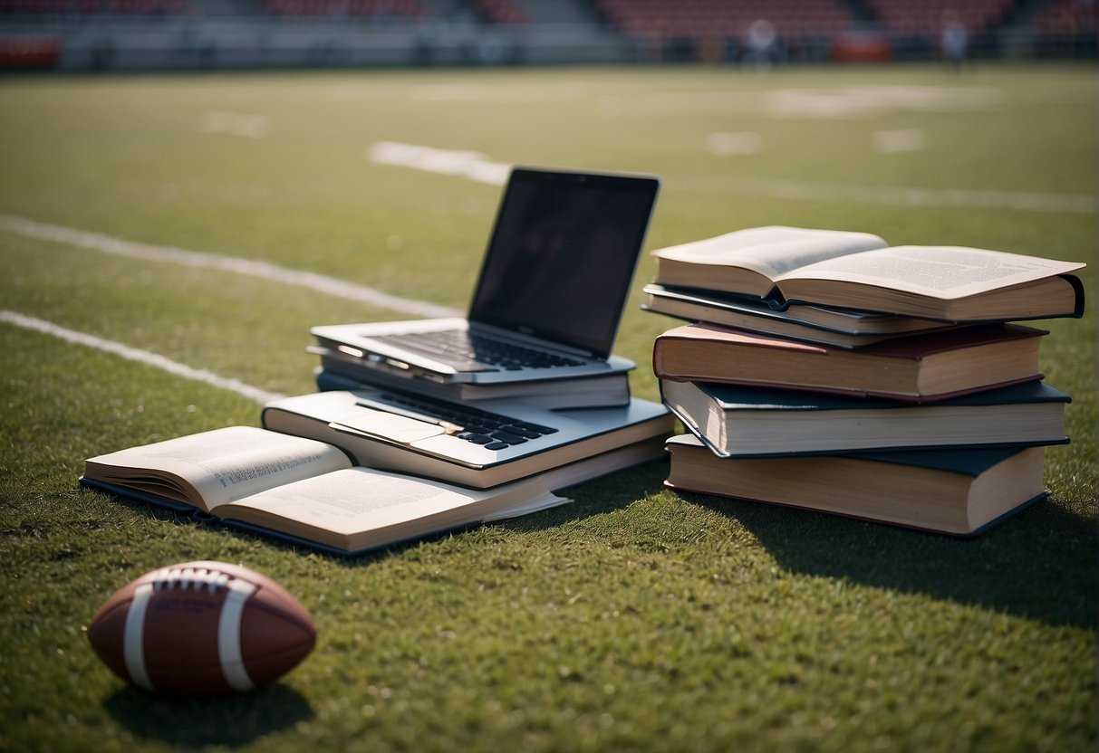 A football field with a stack of textbooks and a laptop, showcasing the combination of academic study and sports journalism