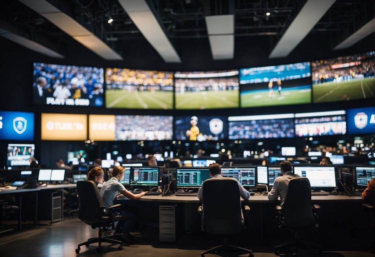 A bustling newsroom with journalists typing, cameras rolling, and screens displaying live sports events. Banners and logos of various sports teams decorate the walls