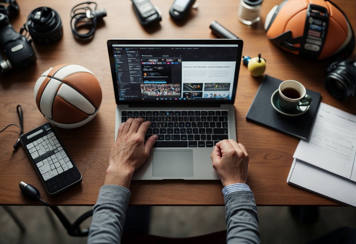 A journalist typing on a laptop, surrounded by sports equipment and notebooks, researching and crafting their application for a sports journalism vacancy