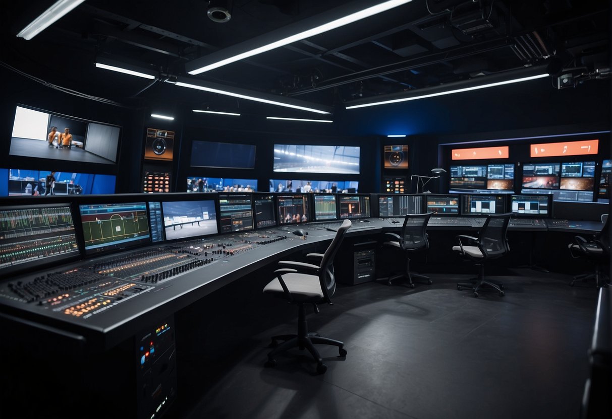 A broadcast studio with multiple camera angles, soundproof walls, and advanced equipment for live sports coverage