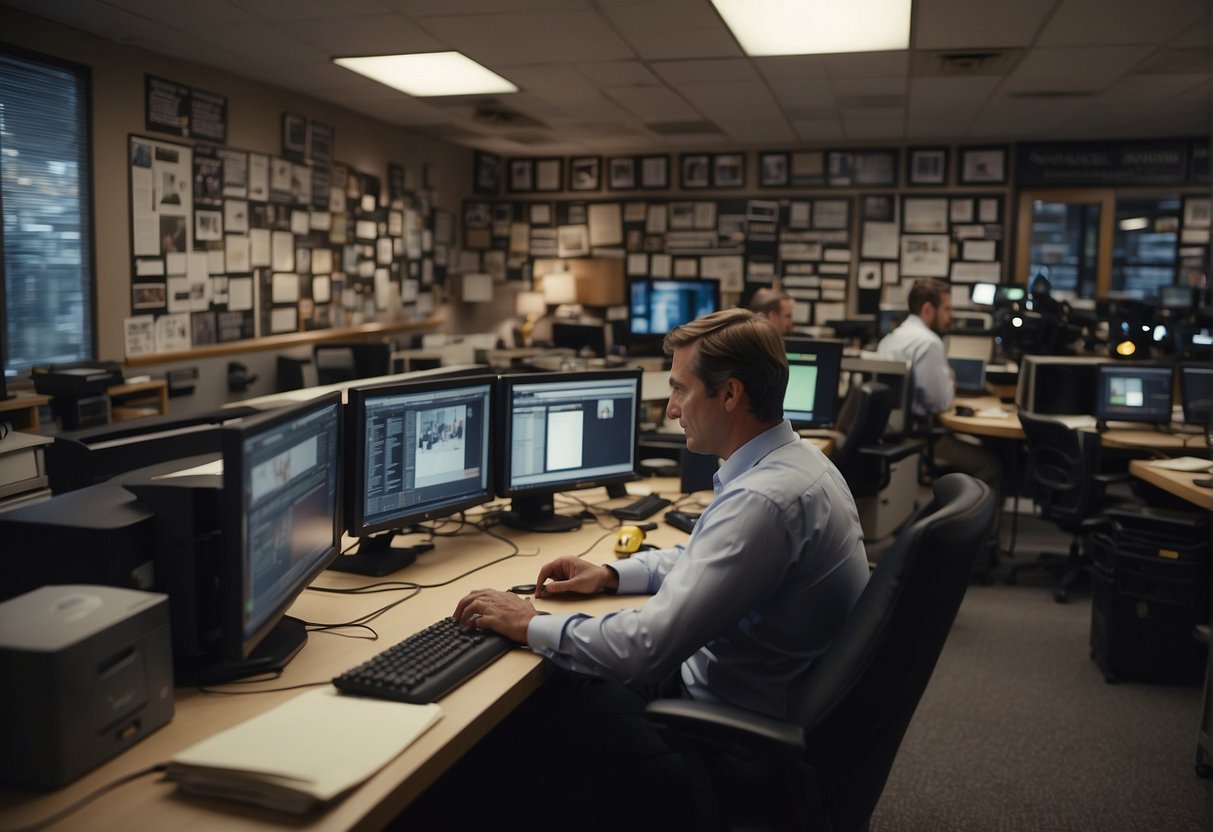 A bustling newsroom with reporters typing, cameras flashing, and sports memorabilia decorating the walls. An editor confers with a journalist over a story
