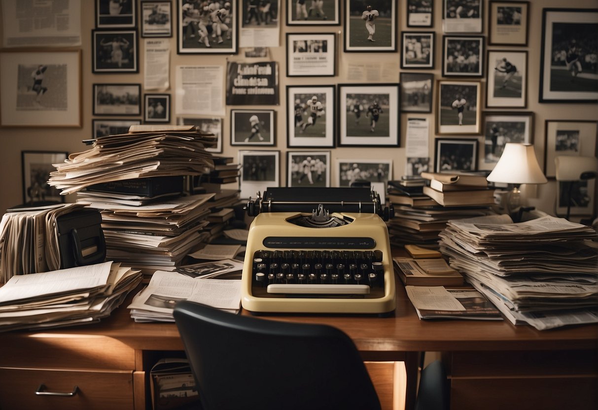 A cluttered desk with a typewriter, sports memorabilia, and stacks of newspapers. A wall covered in framed articles and photos of athletes in action