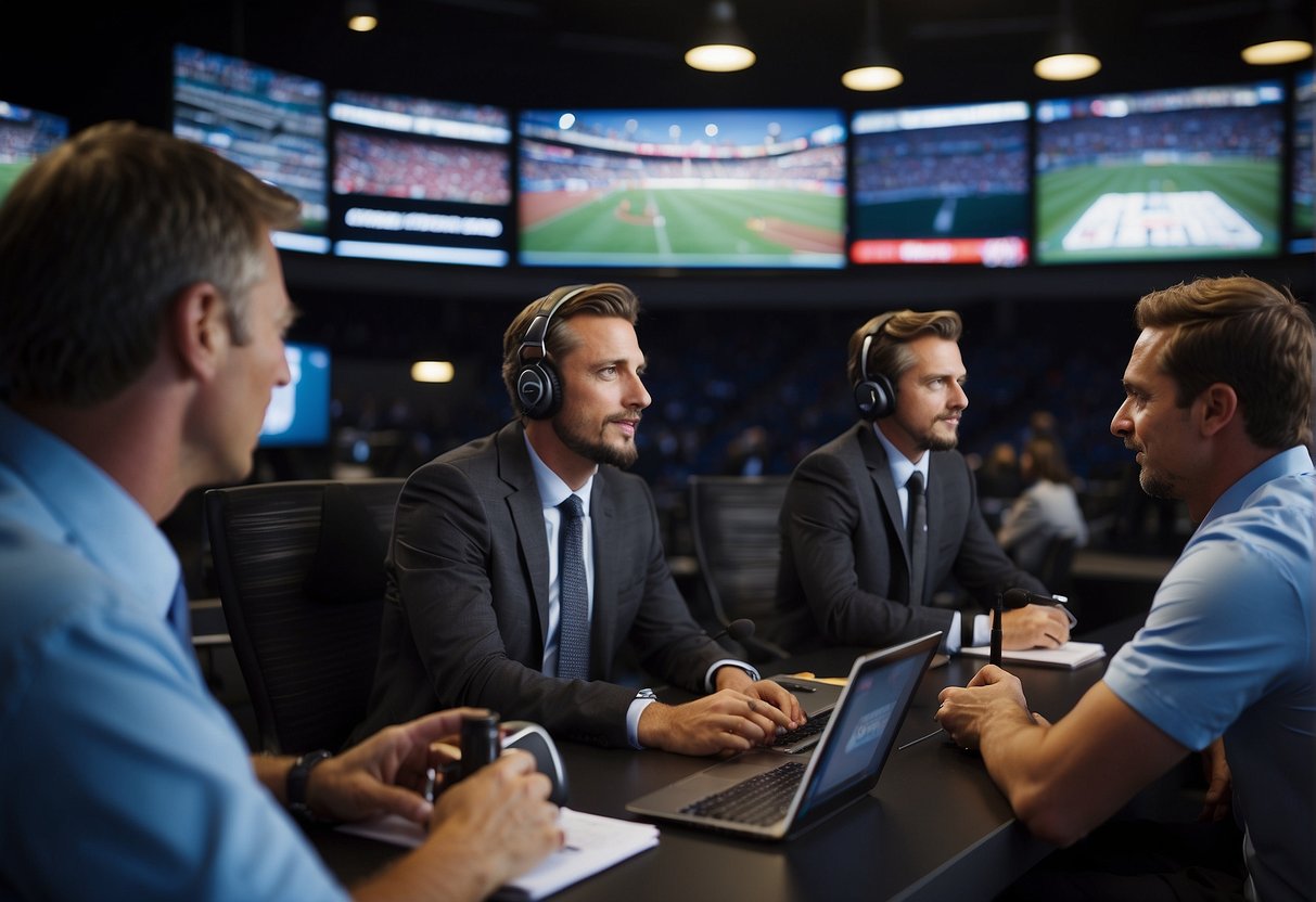 Sports journalists researching, interviewing, writing articles, and attending sporting events. They use multimedia tools to report on athletes, teams, and competitions