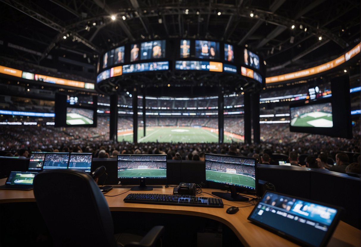 Professional sports teams and leagues in action, surrounded by media coverage and fans cheering
