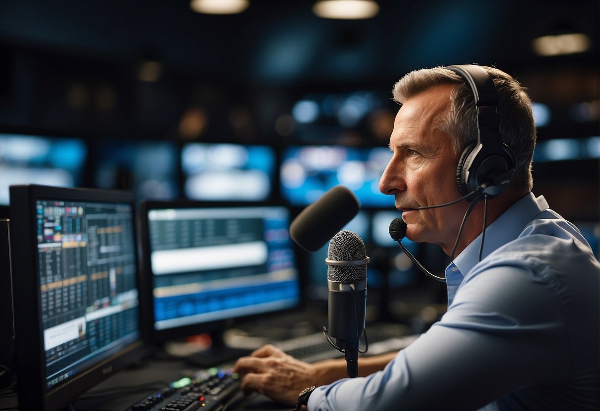 A sports broadcaster commentates live from the press box, surrounded by monitors and microphones