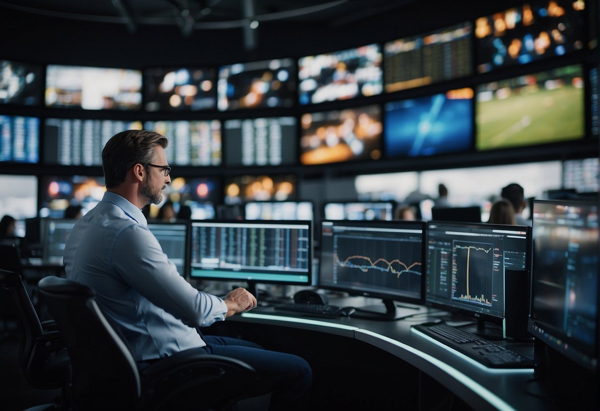 Broadcasting networks monitor sports media on Twitter for influence. Screens display trending topics and engagement metrics. Executives analyze data for programming decisions