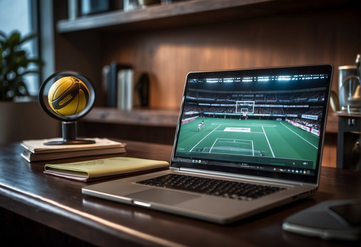 A desk with a laptop, notebook, and pen. Sports equipment nearby - soccer ball, basketball, and tennis racket. Wall decorated with sports memorabilia