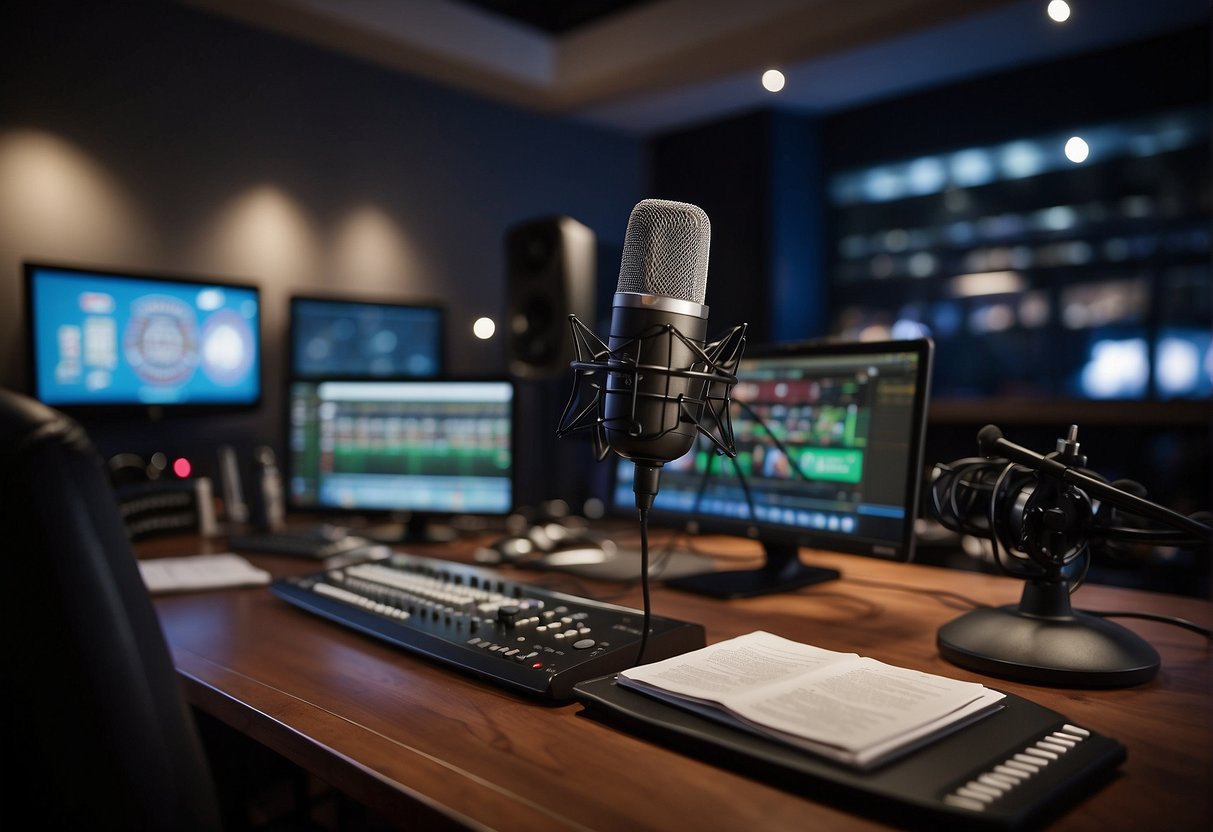 A sports radio broadcaster sits at a desk with a microphone, surrounded by soundproof walls and broadcasting equipment. The room is filled with the buzz of live sports commentary