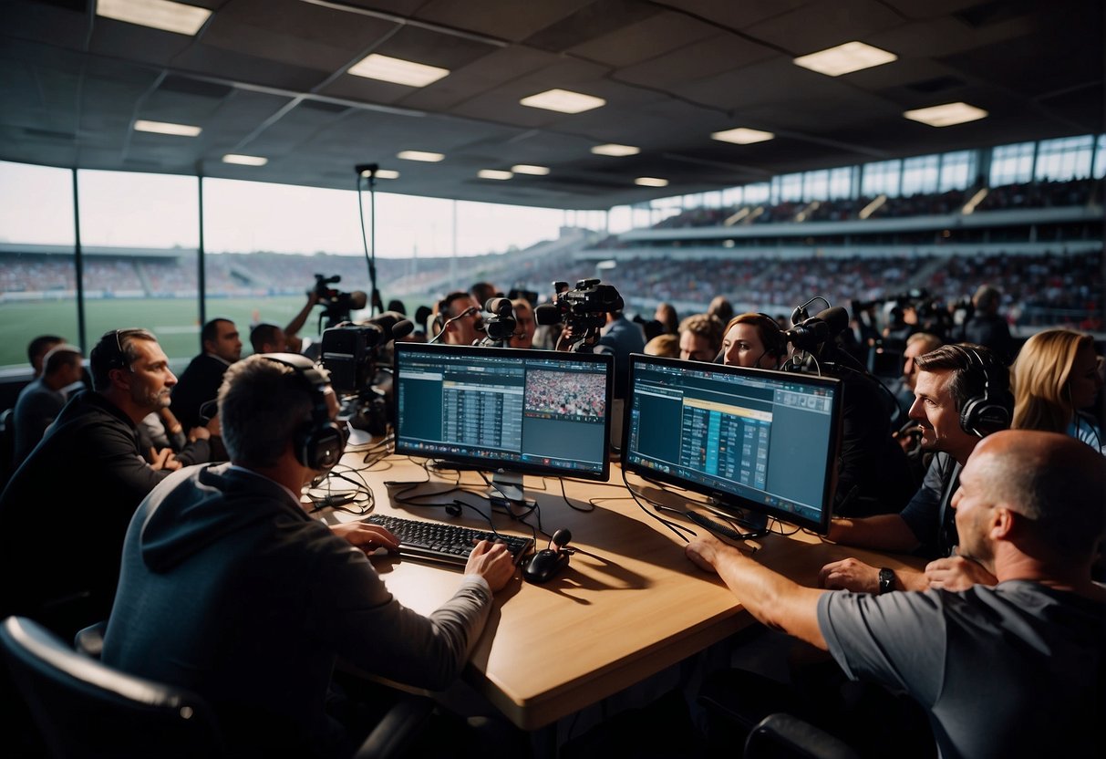 Sports journalists in a press box, surrounded by cameras and microphones, interviewing athletes and taking notes during a live game