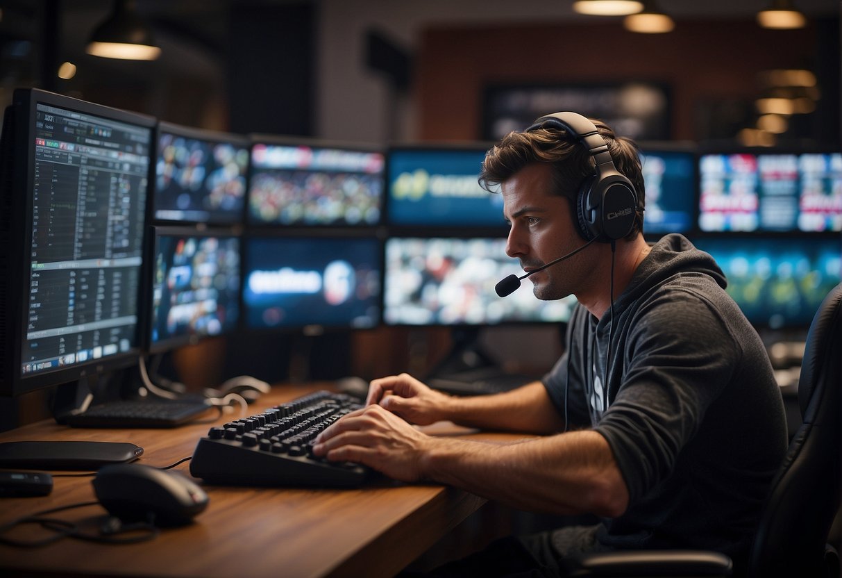 A sports journalist typing at a desk with a computer, microphone, and headphones, surrounded by sports memorabilia and a wall of TV screens showing various games