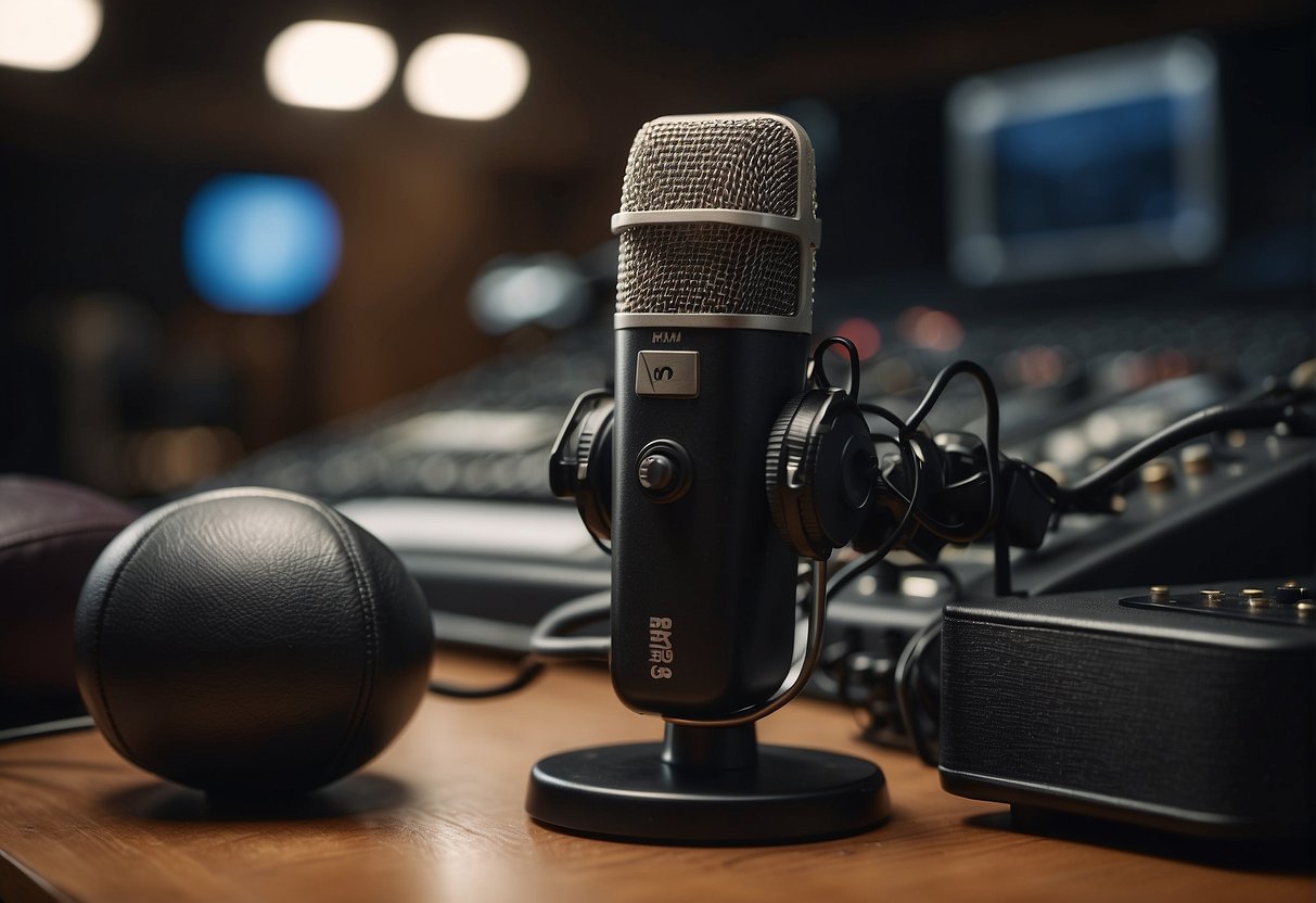 A microphone on a desk surrounded by sports equipment and broadcasting equipment