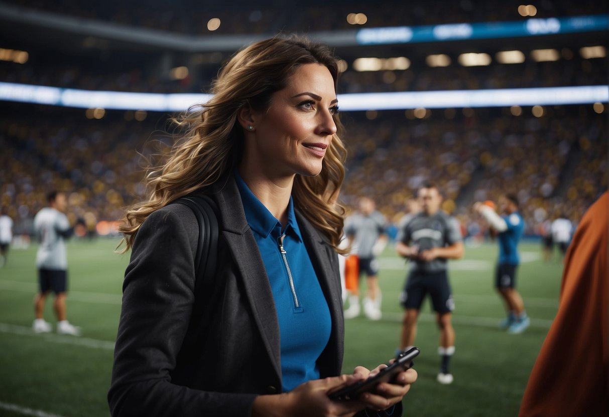 A woman sports journalist engages with athletes and fans on social media, sharing updates and insights