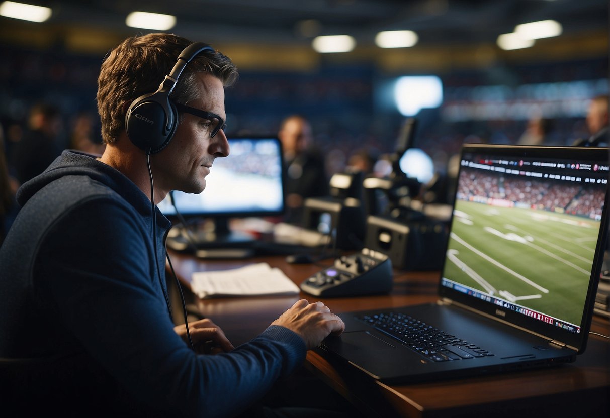 A reporter typing on a laptop in a crowded press box, surrounded by sports memorabilia. A contract with salary details sits nearby