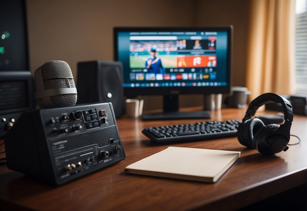 A journalist's desk with a computer, notepad, and sports memorabilia. A TV showing a live game, with a microphone and headphones nearby