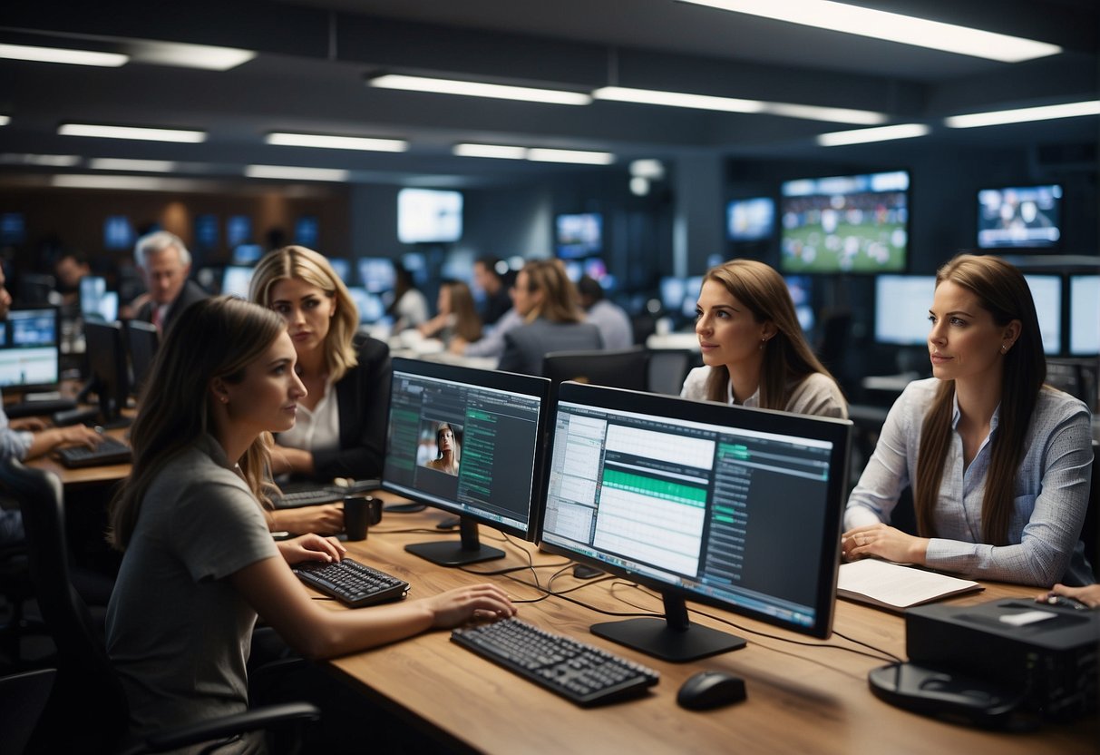 Women in sports journalism: A bustling newsroom with female reporters typing on laptops, interviewing athletes, and analyzing game footage on multiple screens