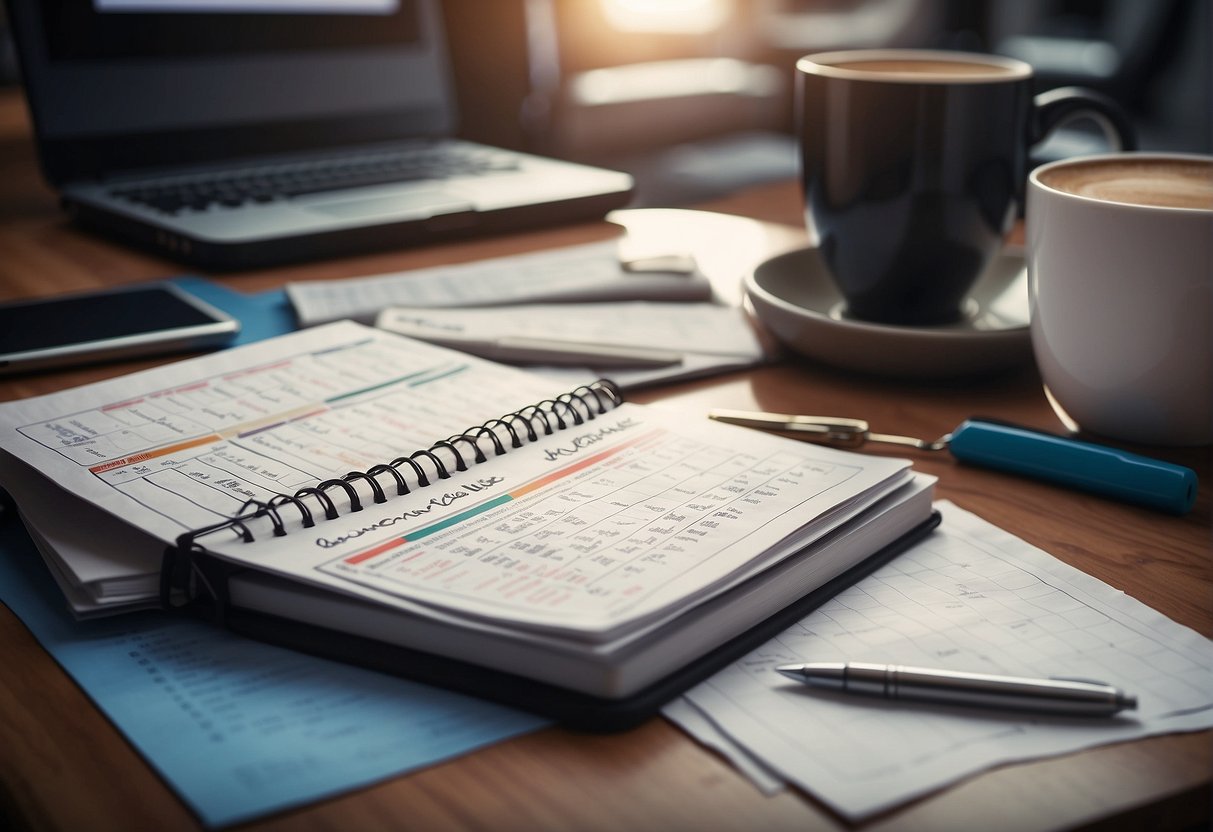 A cluttered home office with a desk, computer, and sports memorabilia. A calendar with deadlines and a list of upcoming events. A coffee mug and notepad for jotting down ideas