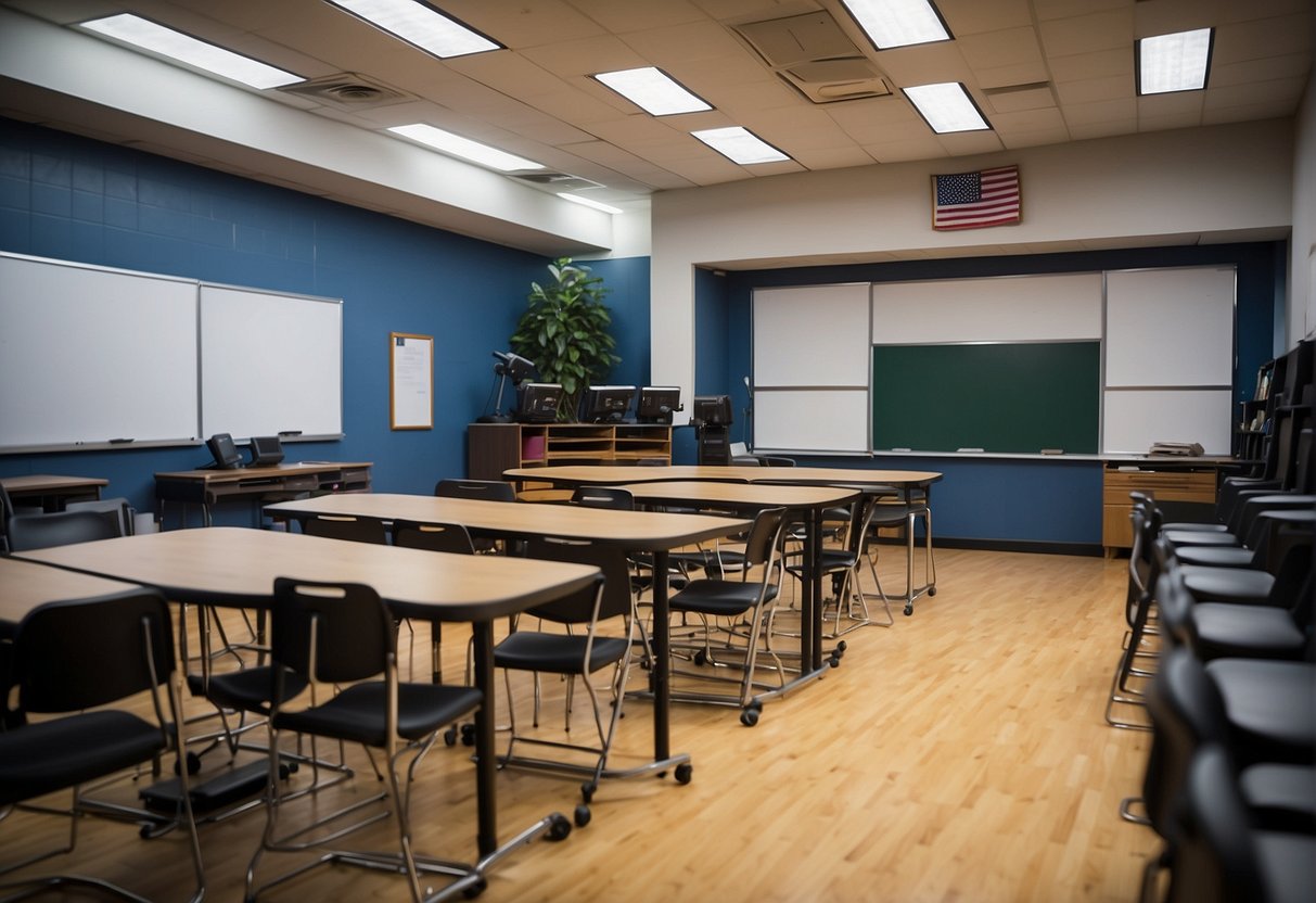 A classroom with sports broadcasting equipment, textbooks, and a whiteboard showing degree program courses