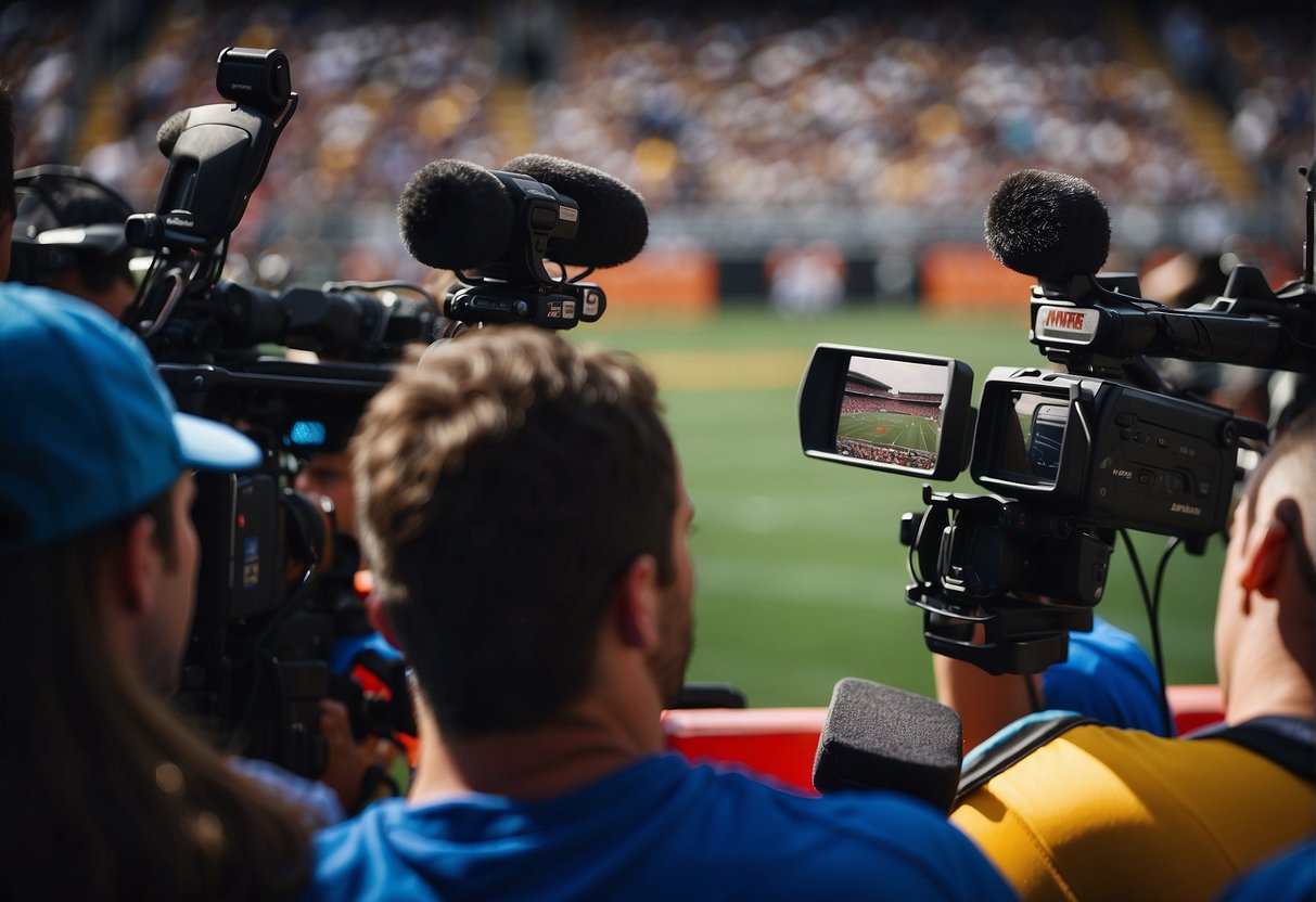 A sports journalist interviews athletes in a crowded stadium, capturing the intensity and excitement of the game