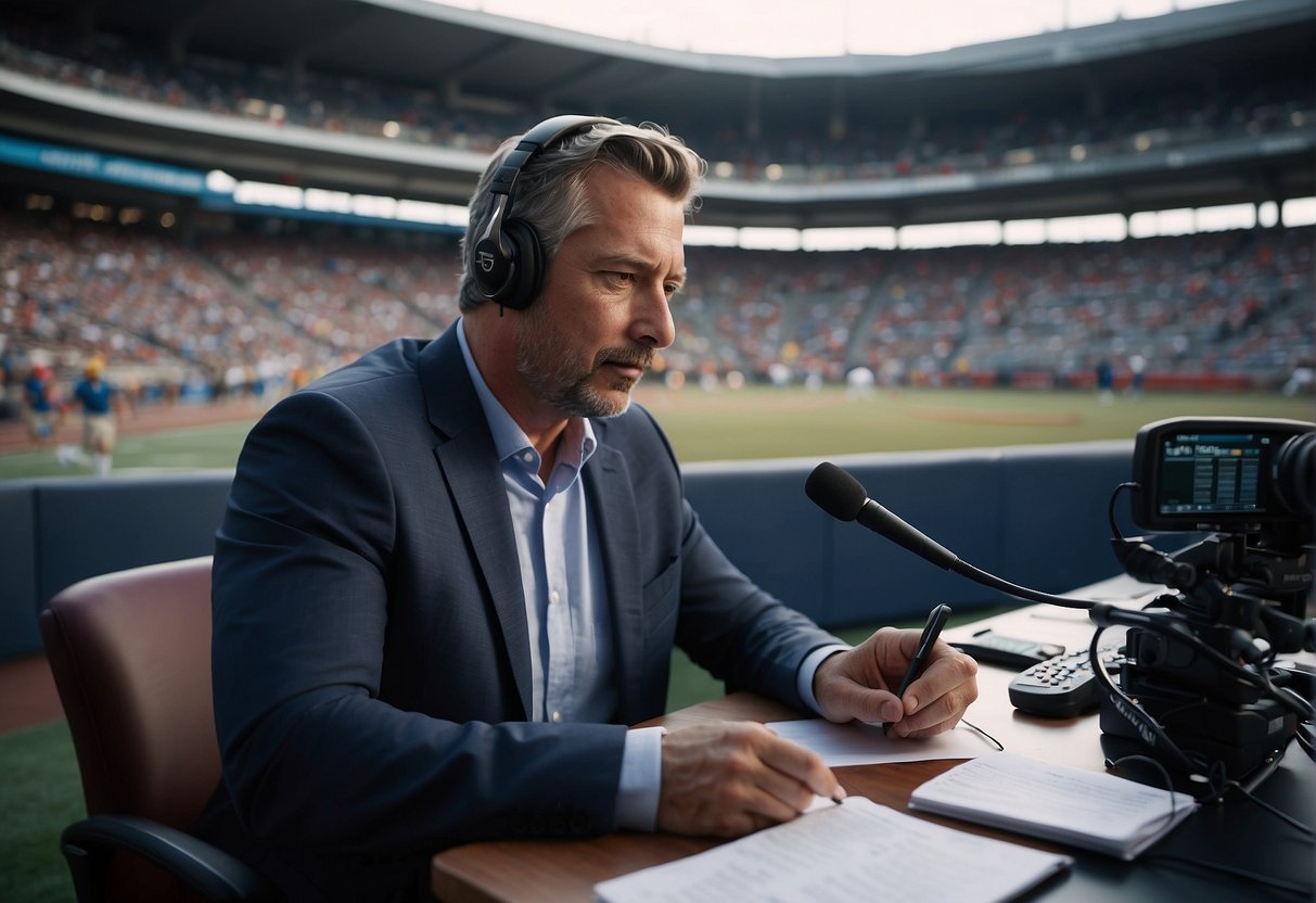 A sports journalist conducts interviews, takes notes, and writes articles in a bustling stadium press box