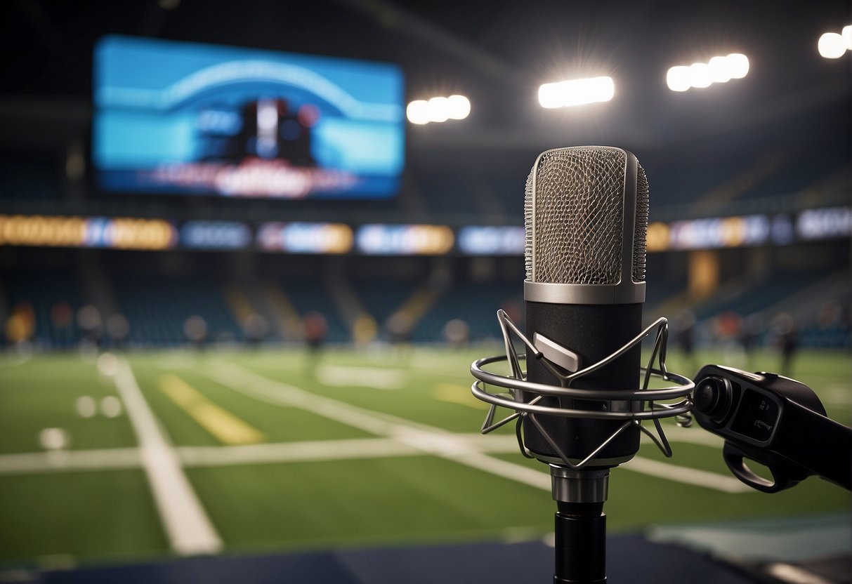 A broadcaster speaks into a microphone in front of a camera, with sports equipment and a scoreboard in the background