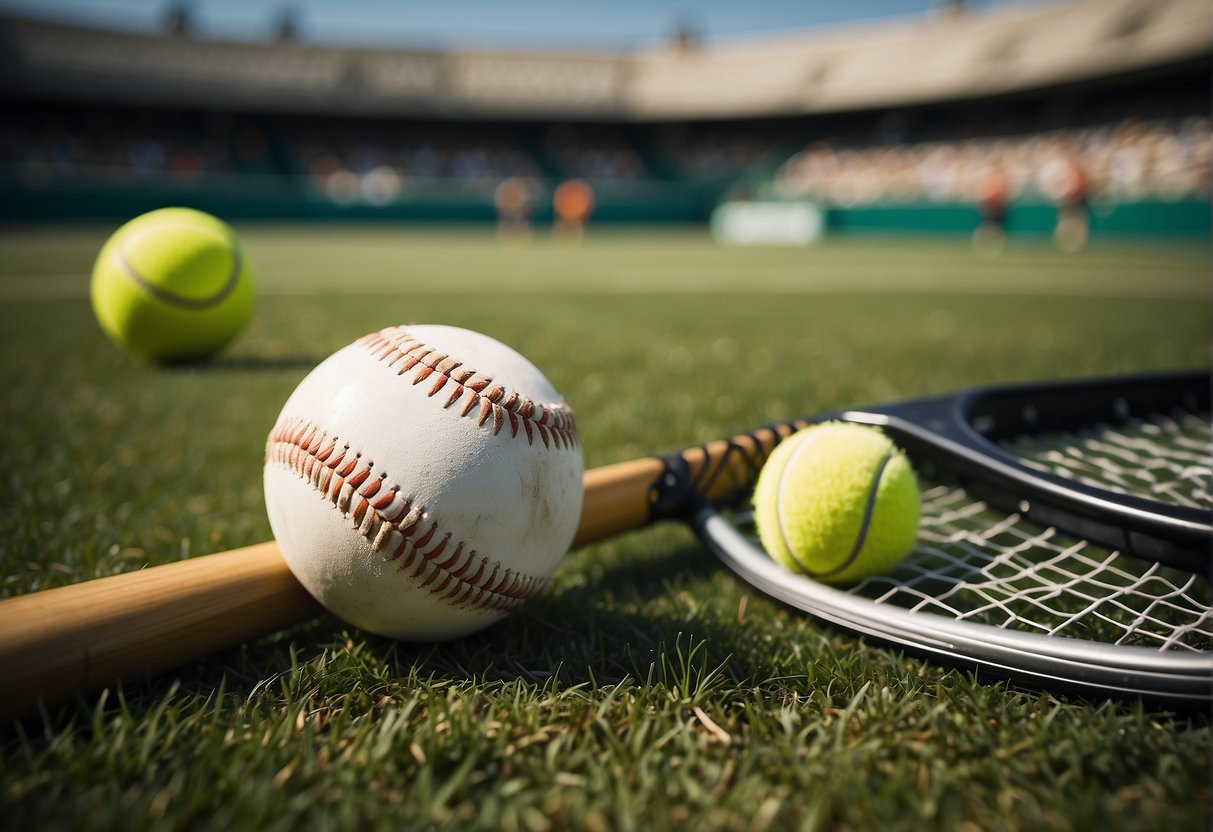 A baseball bat, soccer ball, and tennis racket lay on a grass field, surrounded by cheering fans