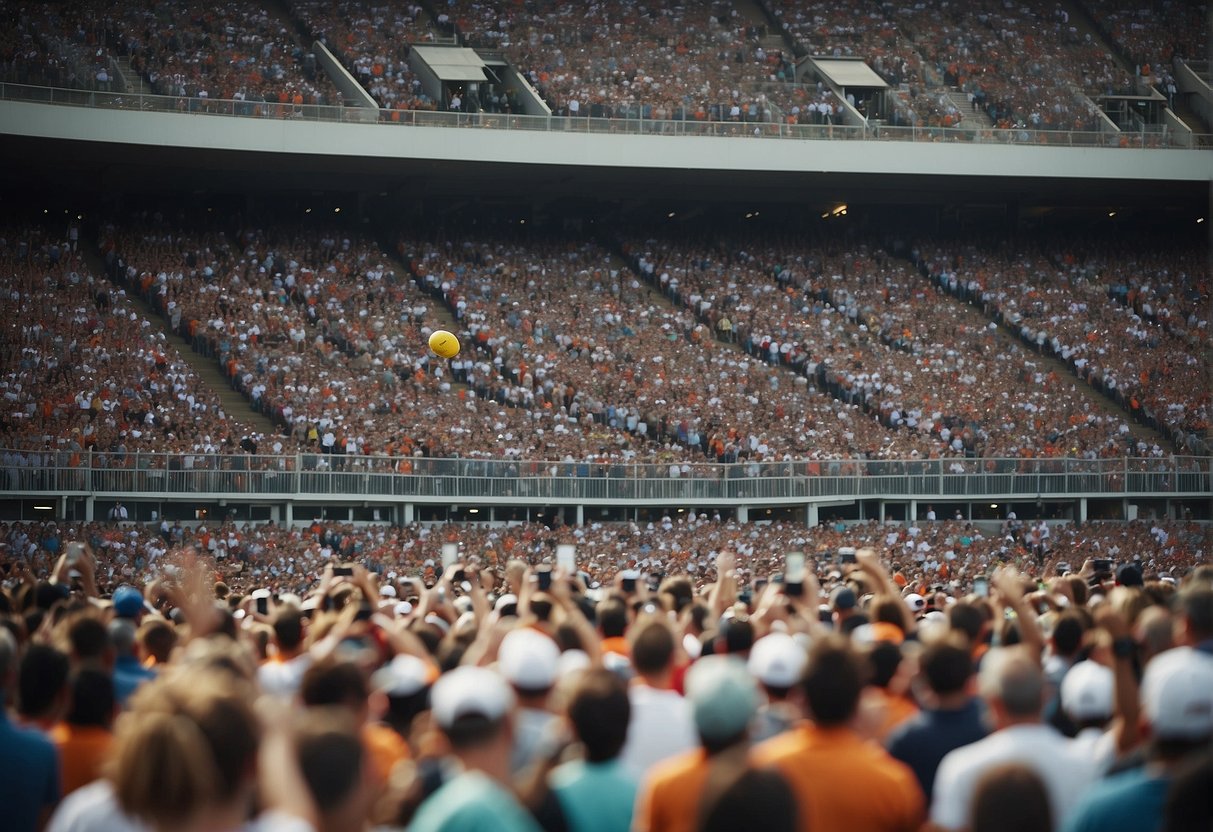 A crowded stadium with cheering fans, players in action, and journalists taking notes and photographs from the sidelines