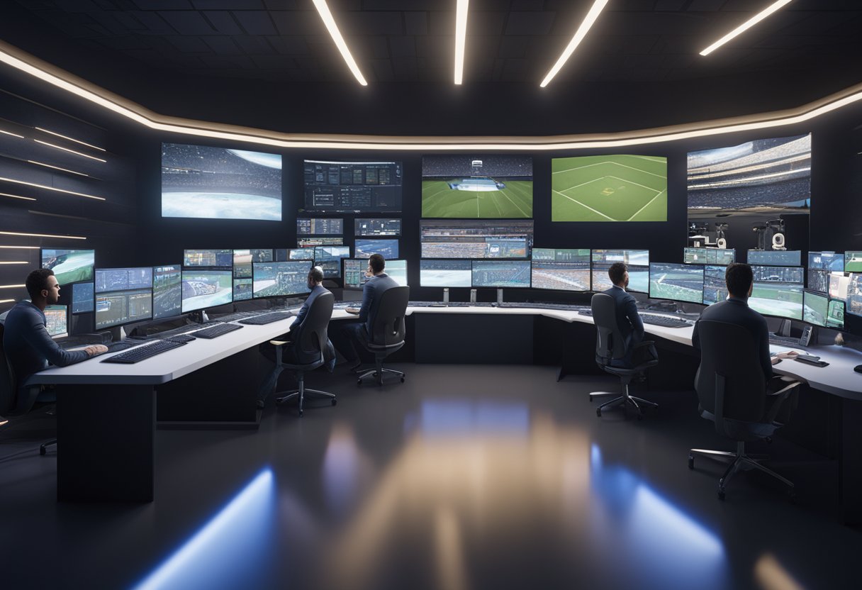 Sports broadcast challenges and criticisms: crowded control room, multiple screens, intense debate, and frustrated gestures