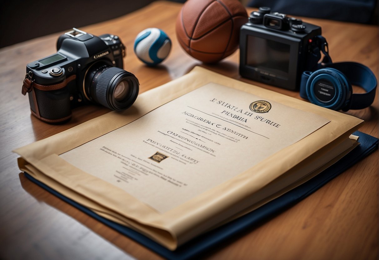 A sports media degree diploma displayed on a wall with sports equipment and a camera nearby