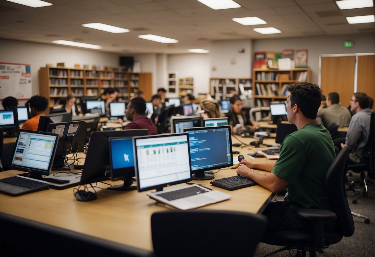 A sports media major studies in a classroom surrounded by textbooks, computers, and sports equipment. The room is filled with the energy of passionate students and the buzz of media production