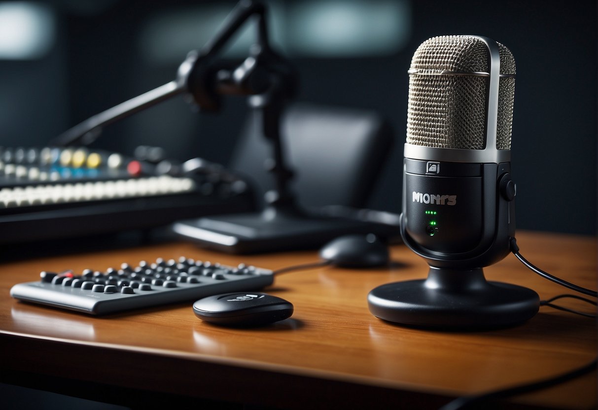 A microphone with a sports logo, a headset, and a sound mixer on a desk
