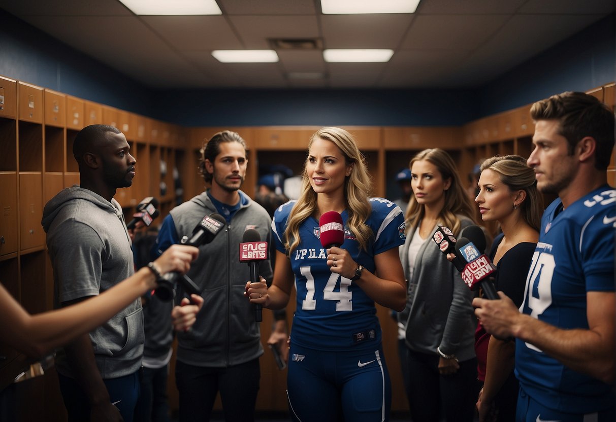 Female sports journalists interviewing athletes in a locker room after a game. Cameras and microphones capturing the intense atmosphere