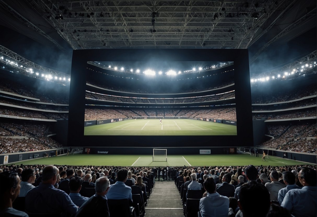 A montage of iconic sports moments, from boxing matches to tennis tournaments, displayed on a giant screen at a packed stadium