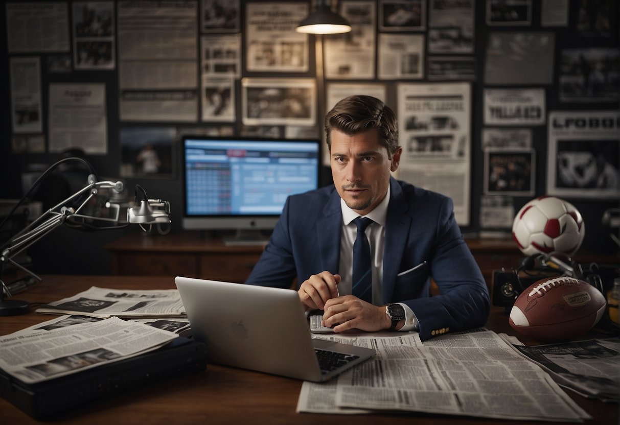 A football journalist types at a desk, surrounded by sports memorabilia and newspapers. A computer screen displays player statistics and game schedules
