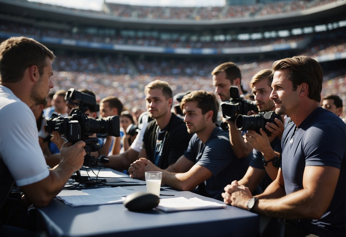 A sports journalist interviews athletes in a crowded stadium, while others write notes and take photos for news articles