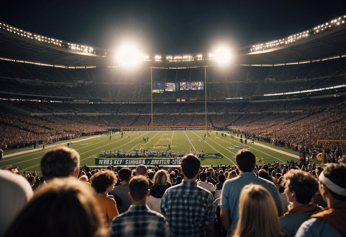 A crowded stadium with cheering fans, a sports field with players in action, and a banner displaying "Top Colleges and Universities sports journalism colleges."