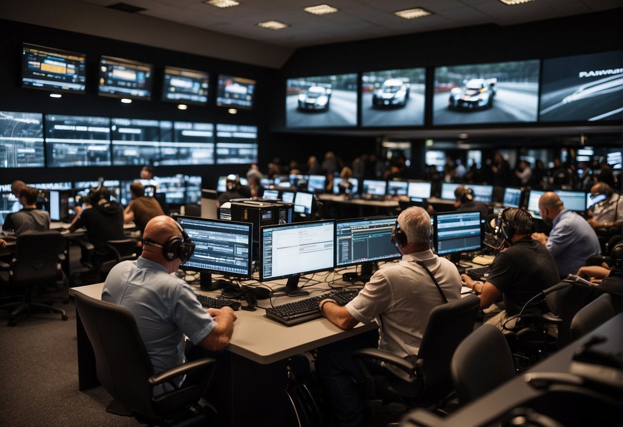 A bustling F1 press room, filled with journalists typing furiously on their laptops, surrounded by racing memorabilia and giant screens broadcasting live races
