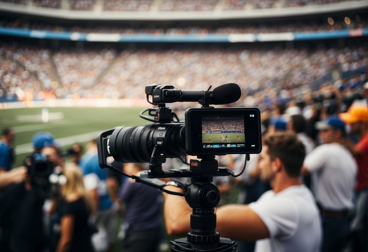 A reporter interviews athletes in a crowded stadium, while cameras and microphones capture the action