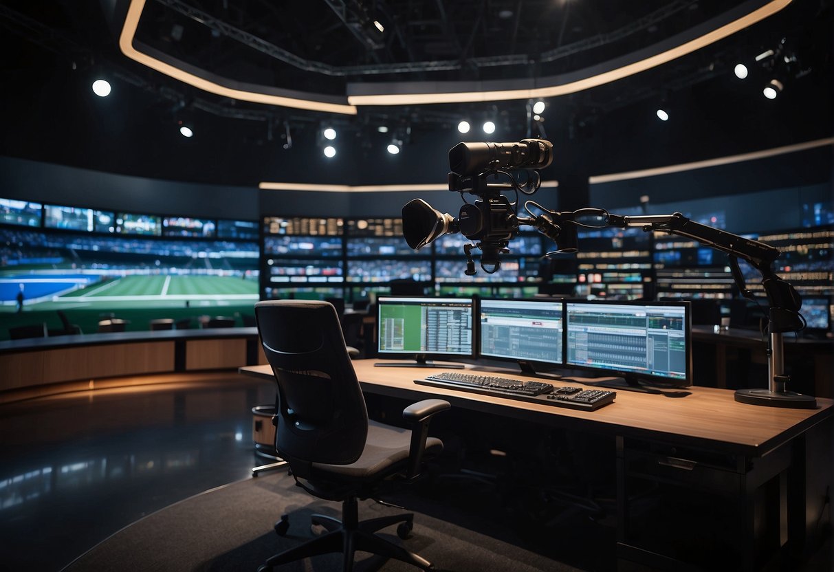 A bustling sports broadcasting studio with state-of-the-art equipment, lively commentators, and a large audience tuning in from around the world