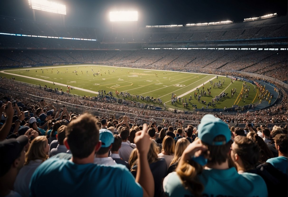 A bustling stadium filled with cheering fans as athletes compete on the field, while reporters jot down notes and capture the action