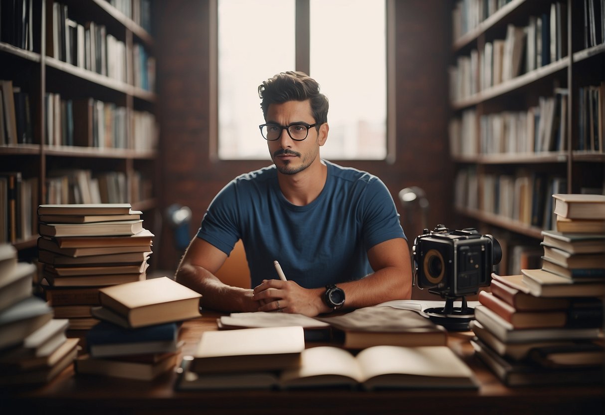 A person practicing with sports equipment while surrounded by books and educational materials