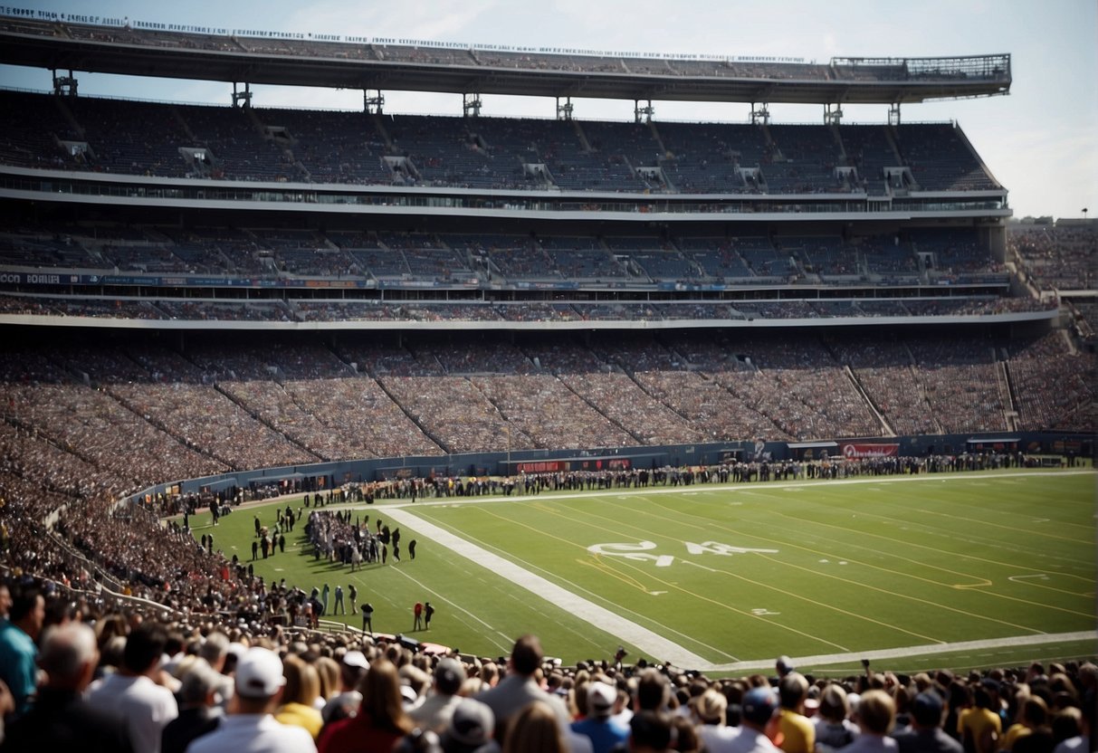 A stadium filled with cheering fans as cameras capture the action on the field, while broadcasters discuss media rights and sponsorships