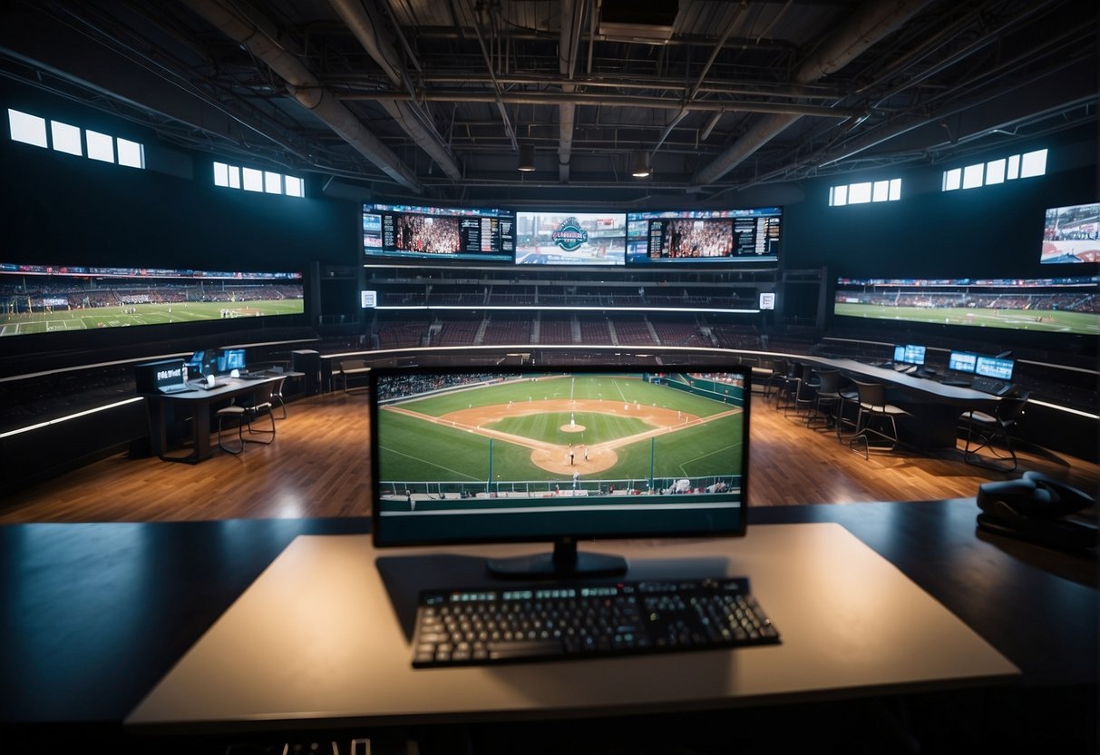 A bustling sports arena with a broadcast booth overlooking the action. School logos adorn the walls, showcasing top sports broadcasting programs