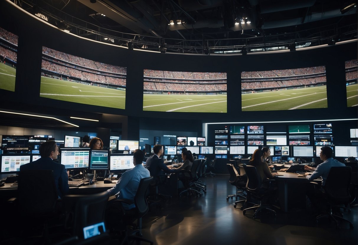 A bustling sports newsroom with reporters typing, cameras rolling, and screens displaying live games. An anchor delivers breaking news on air