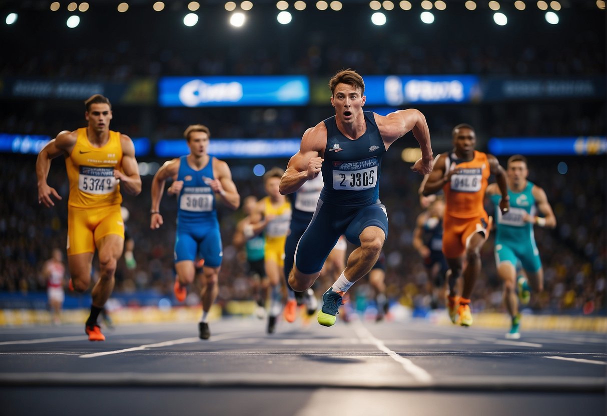 Athletes compete on a vibrant, high-tech stage with flashy graphics and dynamic camera angles. The crowd roars as the action unfolds on the screen